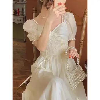 Корейское летнее женское платье Элегантное Белое кружевное шифоновое платье миди с коротким рукавом и вырезом лодочкой с открытыми плечами 3