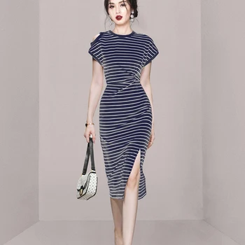 Летнее Корейское модное тонкое платье-карандаш, женские облегающие офисные платья в полоску, повседневные вечерние платья, Vestidos 3