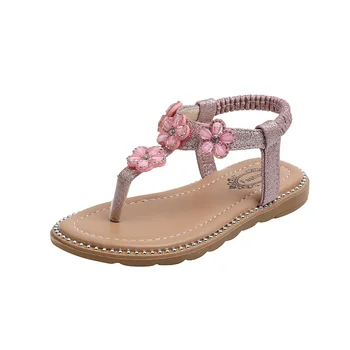 Летние Новые сандалии для девочек Детские флип-флоп с цветочными украшениями и кристаллами Детская уличная обувь для маленьких принцесс Сандалии на мягкой подошве 3