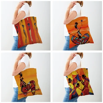 Модная оранжевая сумка для покупок Africa Life Girl, повседневная многоразовая холщовая сумка с двойным принтом, мультяшная женская сумка-тоут, женские сумки для покупок 3
