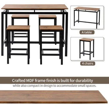Набор столов TREXM высотой с кухонную стойку из 5 частей \ Промышленный обеденный стол с 4 стульями (коричневый) из коричневого МДФ [На складе в США] 3