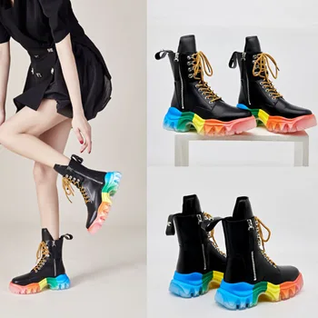 Новые ботинки из натуральной кожи на платформе со шнуровкой, высокие квадратные каблуки, женская обувь на толстой подошве до середины икры Botas De Mujer BC5078 3
