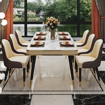 Обеденный стол в скандинавском стиле, прямоугольный обеденный стол, мебель для ресторана на вилле из углеродистой стали, сочетание мраморных стульев 3