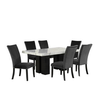 Обеденный стол с черным стулом из 7 предметов, 1 Обеденный прямоугольный стол из искусственного мрамора и 6 стульев с мягкими сиденьями 3