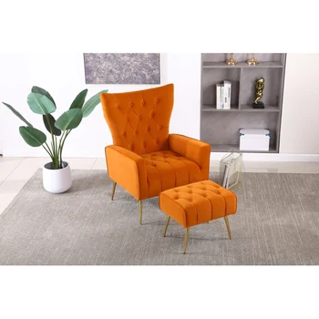Оранжевое современное акцентное кресло с пуфиком, удобное кресло для гостиной, спальни, квартиры, офиса 3