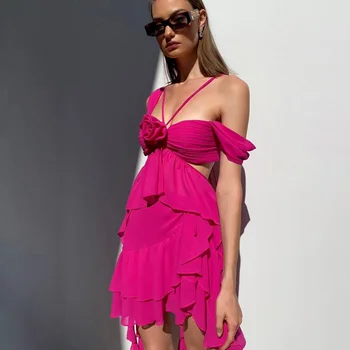 Розово-красное мини-платье с рюшами, Летнее Модное платье с открытыми плечами и кисточками, Женские элегантные платья для клубных вечеринок с вырезами 2023 г. 3
