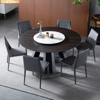 Роскошный Дизайнерский обеденный стол из круглой мраморной плиты, 4 стула, мебель mesa de jantar tisch, нержавеющая сталь, золотая основа 3