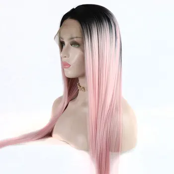 Синтетический парик на кружеве с черными корнями, омбре, Живое Розовое Прямое Термостойкое волокно, натуральный пробор посередине линии роста волос для женщин 3