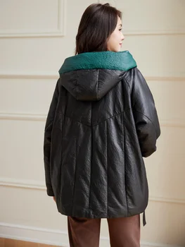 2023 Женская куртка из натуральной кожи, теплые пуховики, зимние Теплые Свободные куртки из натуральной овчины, пуховики с капюшоном, Manteau Femme 4
