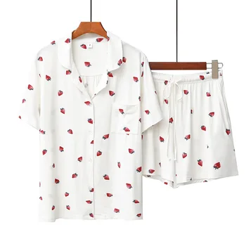 2023 Летняя новая пижама с принтом сладкой клубники, женские шорты с отложным воротником и коротким рукавом, пижамы, 2 предмета японской одежды Kawaii 4