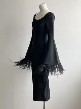 BEVENCCEL 2023, Новое летнее женское черное Сексуальное облегающее бандажное платье с длинными рукавами и перьями, Элегантное вечернее платье для клубной вечеринки 4