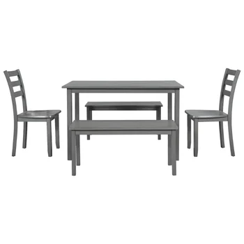 Деревянный обеденный набор TOPMAX из 5 предметов \ Кухонный стол с 2 обеденными стульями и 2 скамейками \ Фермерский дом в деревенском стиле\  Серый 4