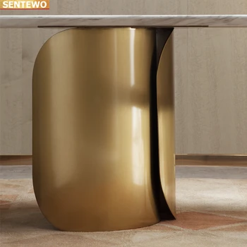Дизайнерская роскошная столовая из мраморной плиты обеденный стол с 4 6 стульями mesa tische furniture Мраморное основание из нержавеющей стали и золота 4
