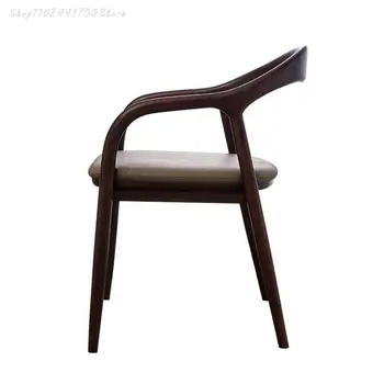 Дизайнерский стул Nordic Creative Стул из массива дерева, Новый Круглый стул в китайском стиле, Кожаный обеденный стул, журнальный столик, стул 4