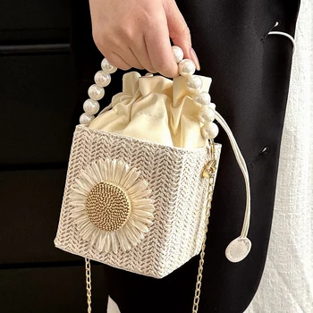 Женская квадратная сумка через плечо, летняя соломенная жемчужная сумка-ранец с солнечным цветочным орнаментом, сумки через плечо, женская сумка-мессенджер, сумки-тоутс 4