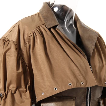 Женская кожаная куртка-накидка, Весна-осень, Съемная туника из двух частей с высокой талией, уличные куртки с поясом, пальто 4