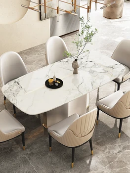 Итальянский светлый обеденный стол из роскошного мрамора в кремовом стиле, высококачественная комбинация прямоугольного обеденного стола и стула 4