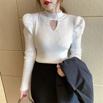 Корейская Мода Половина Водолазки Полые Вязаные Пуловеры для Женщин 2023 Новый Однотонный Свитер Многоцветный Низ Блузка ZY8001 4