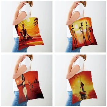 Модная оранжевая сумка для покупок Africa Life Girl, повседневная многоразовая холщовая сумка с двойным принтом, мультяшная женская сумка-тоут, женские сумки для покупок 4