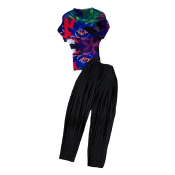 Модный показ, костюм с тонкими брюками haroun, женские свободные плиссированные брюки radish feet, рубашка с воротником из двух частей с принтом и короткими рукавами 4