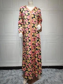 Мусульманские Дубайские абайи Для женщин, длинное платье с цветочным принтом, повседневный халат мусульманки Ближнего Востока, ретро вечерние платья Макси 4