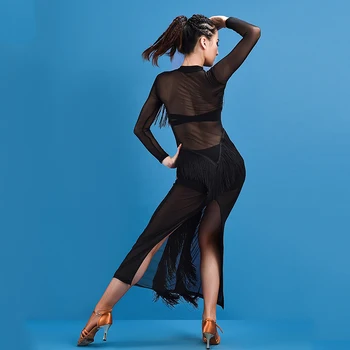 Новое платье для латиноамериканских танцев для женщин, одежда для соревнований по латиноамериканским танцам для взрослых, одежда для латиноамериканских танцев, сексуальное Сетчатое Перспективное платье с бахромой DQL8278 4