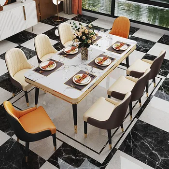 Обеденный стол в скандинавском стиле, прямоугольный обеденный стол, мебель для ресторана на вилле из углеродистой стали, сочетание мраморных стульев 4