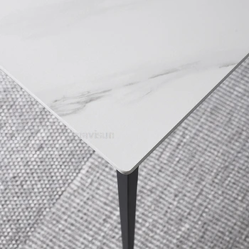 Обеденный стол и мягкий стул из белого мрамора в североевропейском стиле в стиле минимализм, небольшой Плоский прямоугольный обеденный стол на 6 мест 4