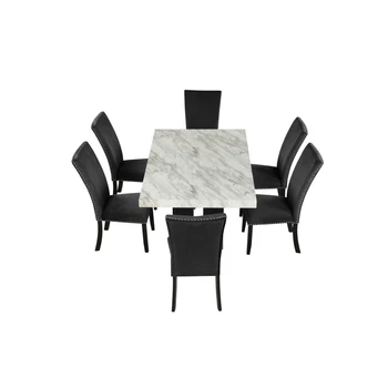 Обеденный стол с черным стулом из 7 предметов, 1 Обеденный прямоугольный стол из искусственного мрамора и 6 стульев с мягкими сиденьями 4