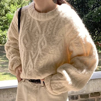 Осенне-зимний свободный пуловер-свитер, женская трикотажная рубашка в стиле ретро с круглым вырезом и толстым свитером внутри 4