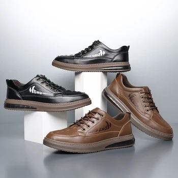Повседневная мужская обувь в стиле дерби, черные туфли из натуральной кожи с круглым носком, мужские кроссовки, молодежная модная обувь на платформе, работа в британском стиле 4