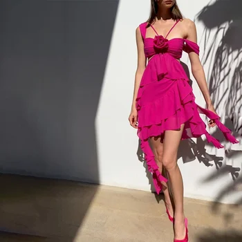 Розово-красное мини-платье с рюшами, Летнее Модное платье с открытыми плечами и кисточками, Женские элегантные платья для клубных вечеринок с вырезами 2023 г. 4