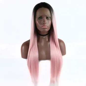 Синтетический парик на кружеве с черными корнями, омбре, Живое Розовое Прямое Термостойкое волокно, натуральный пробор посередине линии роста волос для женщин 4