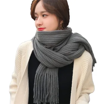 Шарф Женский Зимний Корейский Длинный утолщенный кашемировый Студенческий шерстяной шарф с бахромой, вязаный шейный платок для влюбленных, женский 4