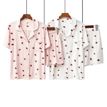 2023 Летняя новая пижама с принтом сладкой клубники, женские шорты с отложным воротником и коротким рукавом, пижамы, 2 предмета японской одежды Kawaii 5