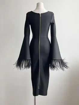 BEVENCCEL 2023, Новое летнее женское черное Сексуальное облегающее бандажное платье с длинными рукавами и перьями, Элегантное вечернее платье для клубной вечеринки 5