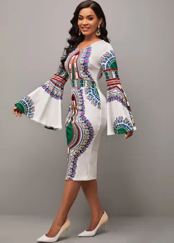EWSFV 2022 Весеннее женское новое модное сексуальное платье с V-образным вырезом и цифровой печатью, приталенное темпераментное платье с длинными рукавами 5