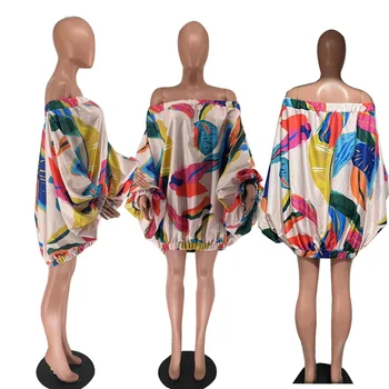Echoine Летнее мини-платье с принтом в стиле Фолрал, рукавом-фонариком, с открытыми плечами, с разрезом, женские пикантные праздничные платья, сарафан, женское Vestidos 5