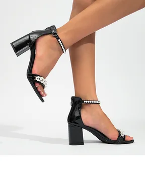 SDWK 7 см, женские босоножки со стразами, сексуальные женские туфли-лодочки на квадратном каблуке с ремешком и пряжкой, женские летние сандалии с открытым носком, расшитые бисером 5