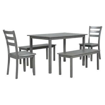 Деревянный обеденный набор TOPMAX из 5 предметов \ Кухонный стол с 2 обеденными стульями и 2 скамейками \ Фермерский дом в деревенском стиле\  Серый 5