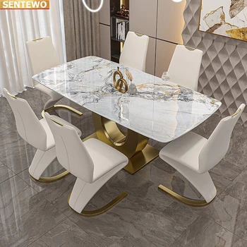 Дизайнерская роскошная столовая из мраморной плиты обеденный стол с 4 стульями mesa de jantar a manger Мраморное основание из нержавеющей стали и золота 5