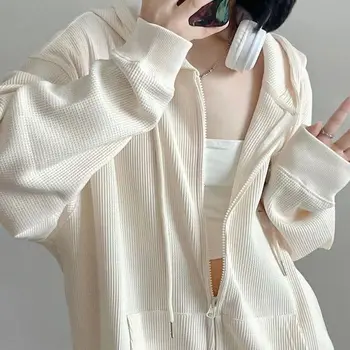 Женская Новая свободная тонкая модель, толстовка с капюшоном оверсайз, однотонная молочная толстовка с капюшоном на молнии, весеннее Корейское модное пальто-кардиган 5