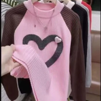 Женский пуловер, свитер, новинка весны 2023 года, о-образный вырез, любовь к контрастному цветному низу в стиле пэчворк, женский свободный свитер, пуловер, женский топ 5