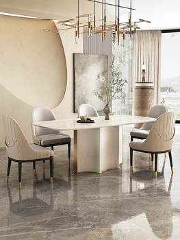 Итальянский светлый обеденный стол из роскошного мрамора в кремовом стиле, высококачественная комбинация прямоугольного обеденного стола и стула 5