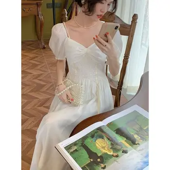 Корейское летнее женское платье Элегантное Белое кружевное шифоновое платье миди с коротким рукавом и вырезом лодочкой с открытыми плечами 5