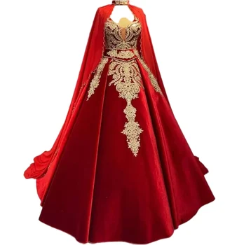 Красная бархатная пышная юбка, платья для выпускного вечера с накидкой 2023, Аппликация из золотого кружева, расшитого бисером, Арабский Кафтан, Албанское вечернее платье 5