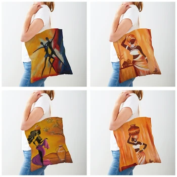 Модная оранжевая сумка для покупок Africa Life Girl, повседневная многоразовая холщовая сумка с двойным принтом, мультяшная женская сумка-тоут, женские сумки для покупок 5