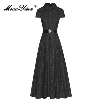 Модное дизайнерское Летнее Офисное кружевное платье MoaaYina, женское платье с отложным воротником, однобортное платье с поясом, Винтажное однотонное платье Миди 5