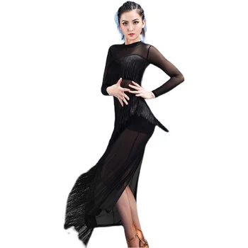 Новое платье для латиноамериканских танцев для женщин, одежда для соревнований по латиноамериканским танцам для взрослых, одежда для латиноамериканских танцев, сексуальное Сетчатое Перспективное платье с бахромой DQL8278 5