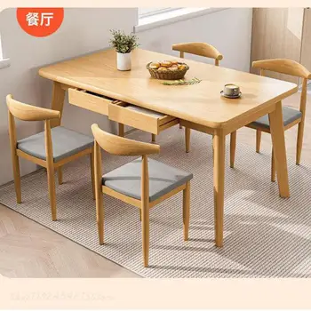 Обеденный стол в скандинавском стиле Для дома, маленькой квартиры, Простой Прямоугольный Обеденный стол, аренда Простого обеденного стола и стула на ножках из массива дерева 5